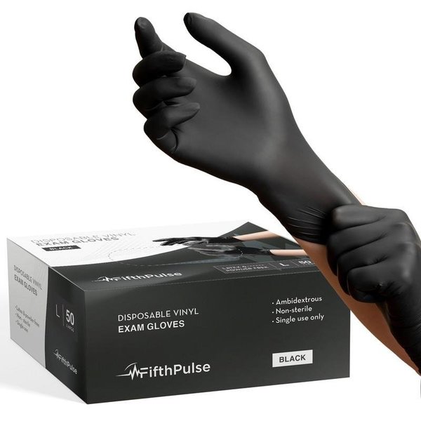 Fifthpulse FMN1000, Vinyl Disposable Gloves, 3 mil Palm, Vinyl, Powder-Free, L, 50 PK, Black FP-V-50-L-BLK